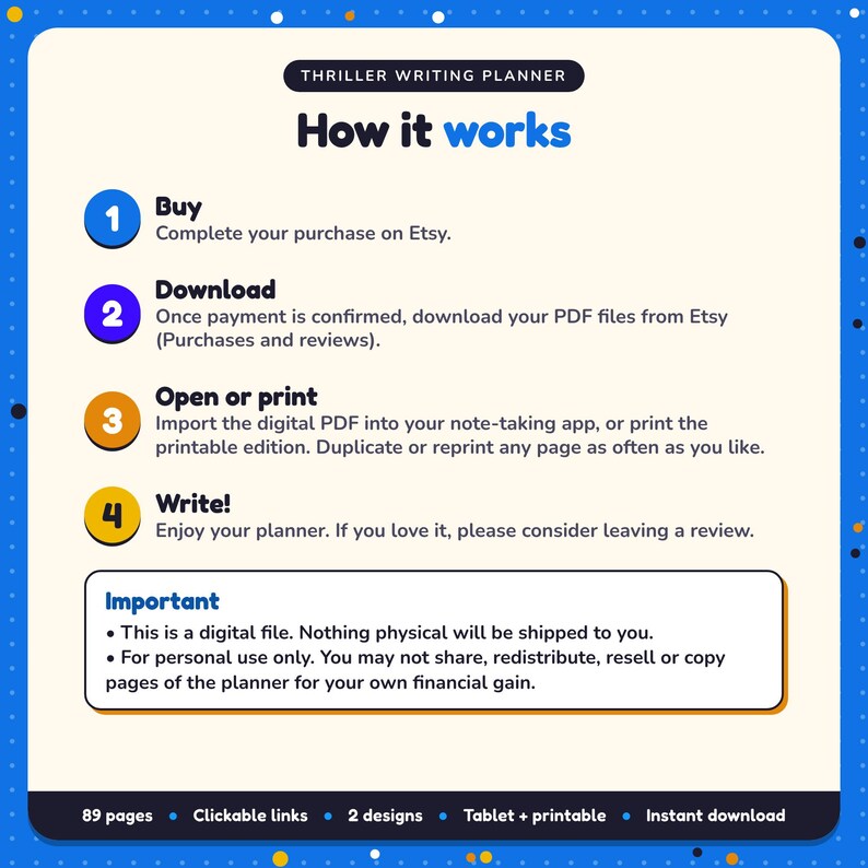 How it works: buy, download the PDF files from Etsy, open in your note-taking app or print. Digital file for personal use, nothing is shipped