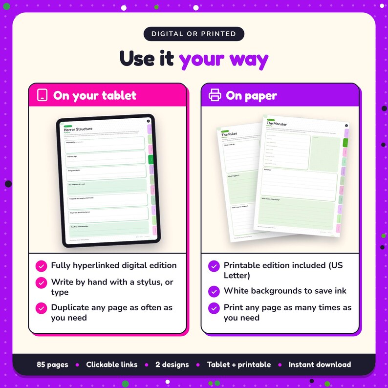 Use the Horror Writing Planner on your tablet as a hyperlinked digital planner, or print the US Letter printable edition