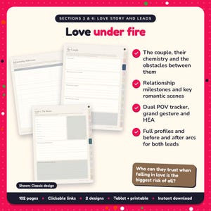 Love under fire: Romantic Suspense Writing Planner pages. The couple, their chemistry and the obstacles between them; Relationship milestones and key romantic scenes; Dual POV tracker, grand gesture and HEA