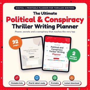 The Ultimate Political & Conspiracy Thriller Writing Planner shown on two tablets in Classic and Pop designs: 92 pages, clickable links, iPad and tablet ready, printable, instant download