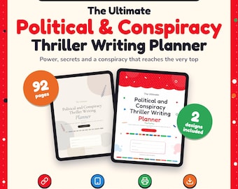 Pode incluir: Um planejador digital e imprimível para escritores de suspense intitulado The Ultimate Political & Conspiracy Thriller Writing Planner. Inclui 92 páginas, 2 designs, links clicáveis e está pronto para tablets.