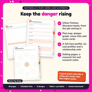 Keep the danger rising: Urban Fantasy Writing Planner pages. Urban Fantasy Structure beats, from the job coming in; Plot map, danger graph, scene lists and scene cards; A full hero profile, six cast profiles and a relationship web