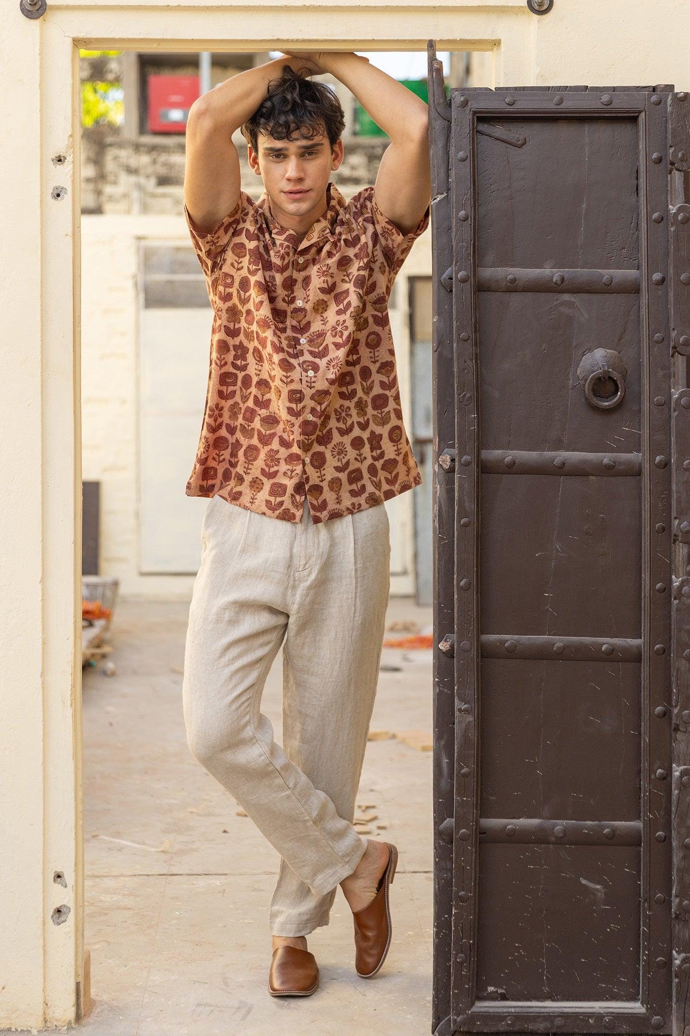 Hand Block Print Cotton Camp Hawaiian Summer Shirt, Pink Rose Floral, Unisex Relaxed Fit Button Down