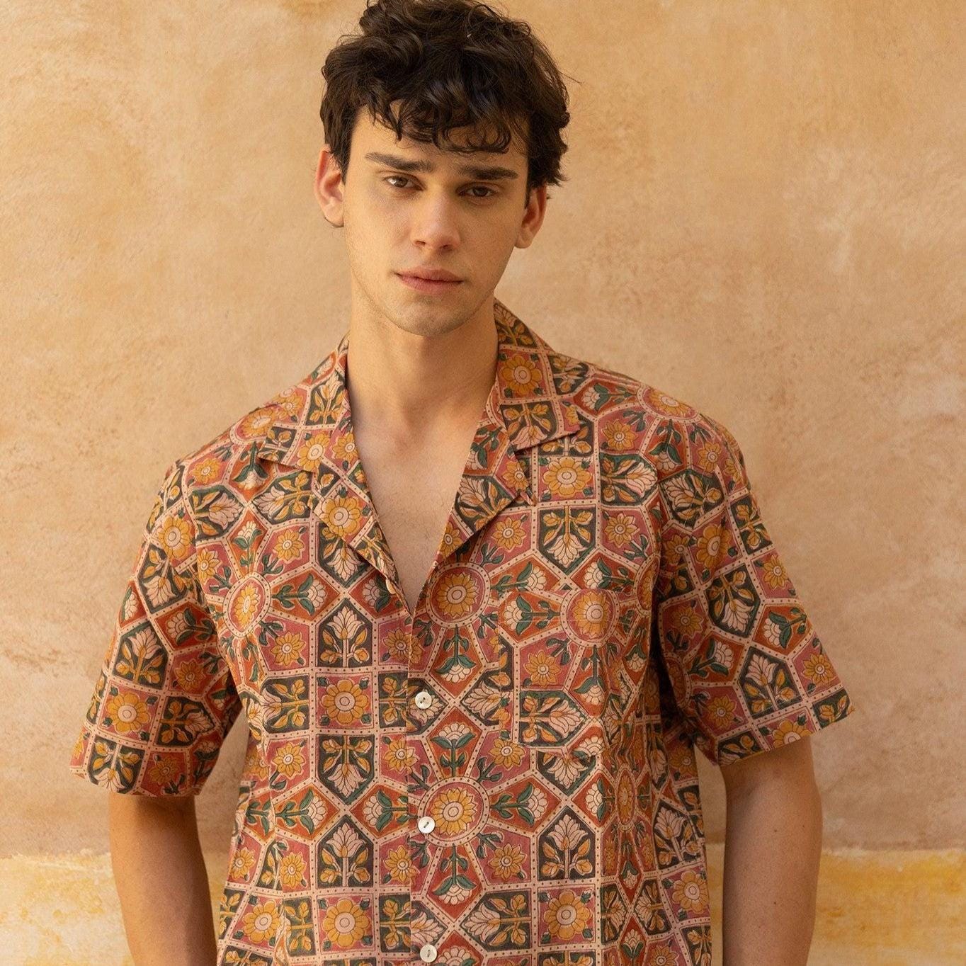 Hand Block Print Cotton Camp Hawaiian Summer Shirt, Sandstone Mosaic Abstract, Unisex Relaxed Fit Button Down