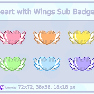 Op de afbeelding: Een set van zes hartvormige sub-badges met vleugels in verschillende kleuren: roze, oranje, geel, groen, blauw en paars. De tekst "Heart with Wings Sub Badges" staat bovenaan. De afbeelding bevat ook de tekst "72x72, 36x36, 18x18 px".
