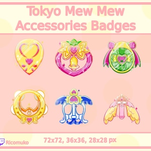 May include: Six colorful cartoon badges featuring different designs from the anime series Tokyo Mew Mew. The badges are in various shapes and sizes, including hearts, circles, and wings. The badges are all outlined in gold and have a shiny, metallic look.