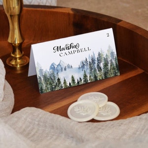 Adventure Awaits Woodland Place Card Template - Editable Mountain Seat Cards for Baby Showers, Events 1006