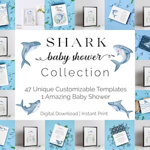 Shark Baby Shower Invitation Bundle, Editable Under The Sea Watercolor, It's A Boy, Instant Download, Printable Invite Set, 1002
