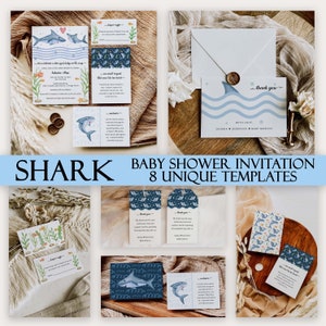 Hai-Babyparty-Einladungs-Bundle, unter dem Meer Aquarell, es ist ein Junge bearbeitbare Vorlage, Ozean-Thema, sofortiger Download, 1002