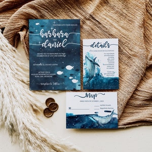 Hochzeitseinladung unter dem Meeres-Thema mit Buckelwal und Fisch-Design - Invite Template Set 3005