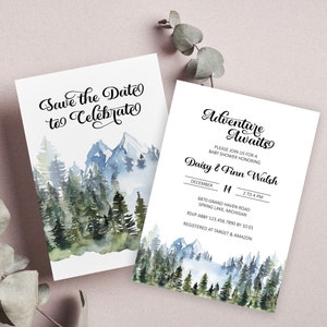 Adventure Awaits Baby Shower Invitation, Gender Neutral Woodland Baby Shower Invite, Digital Download Mountain Invite Template 1006