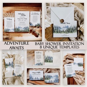 Adventure Awaits Baby Shower Invitation Bundle, Gender Neutral Woodland Baby Shower Invite, Digital Download Mountain Invite Template 1006