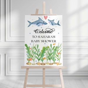 Shark Baby Shower Welcome Sign, Under The Sea Watercolor, Editable Ocean Theme, Printable Party Decor, Instant Download, 1002