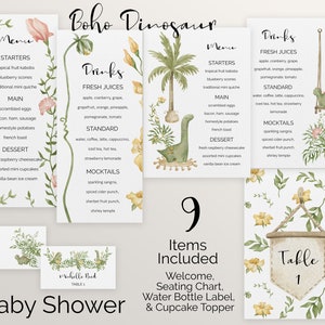 Tabella dei posti a sedere per Baby Shower Boho Dino: cartello di benvenuto, menu e biglietti da visita - Cartelli Boho Dinosaur Shower 1011