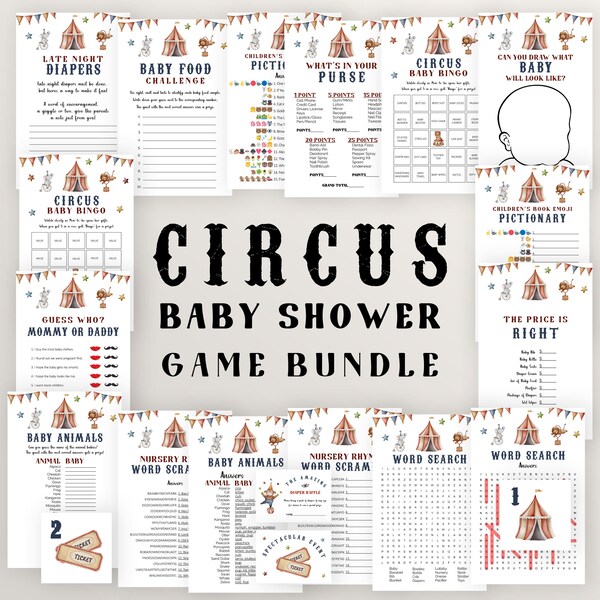 Baby Shower Games Bundle: Circus and Carnival-Themed, Printable Gender Neutral Shower Activities, Fun Game Pack 1009