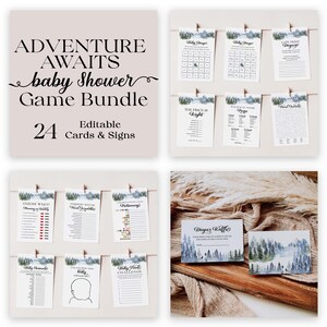 Adventure Awaits Baby Shower Games Bundle: Watercolor Pine Trees (Printable) 1006