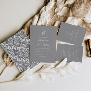 Invitation Bundle: Grey Floral Botanical Wedding Invite, Minimalist Template Set and Invites 3003