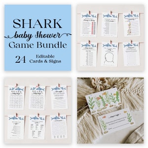 Paquete de juegos para baby shower de tiburón, 24 plantillas editables, actividades para fiesta temática oceánica, bajo el mar, descarga instantánea, baby shower azul, 1002