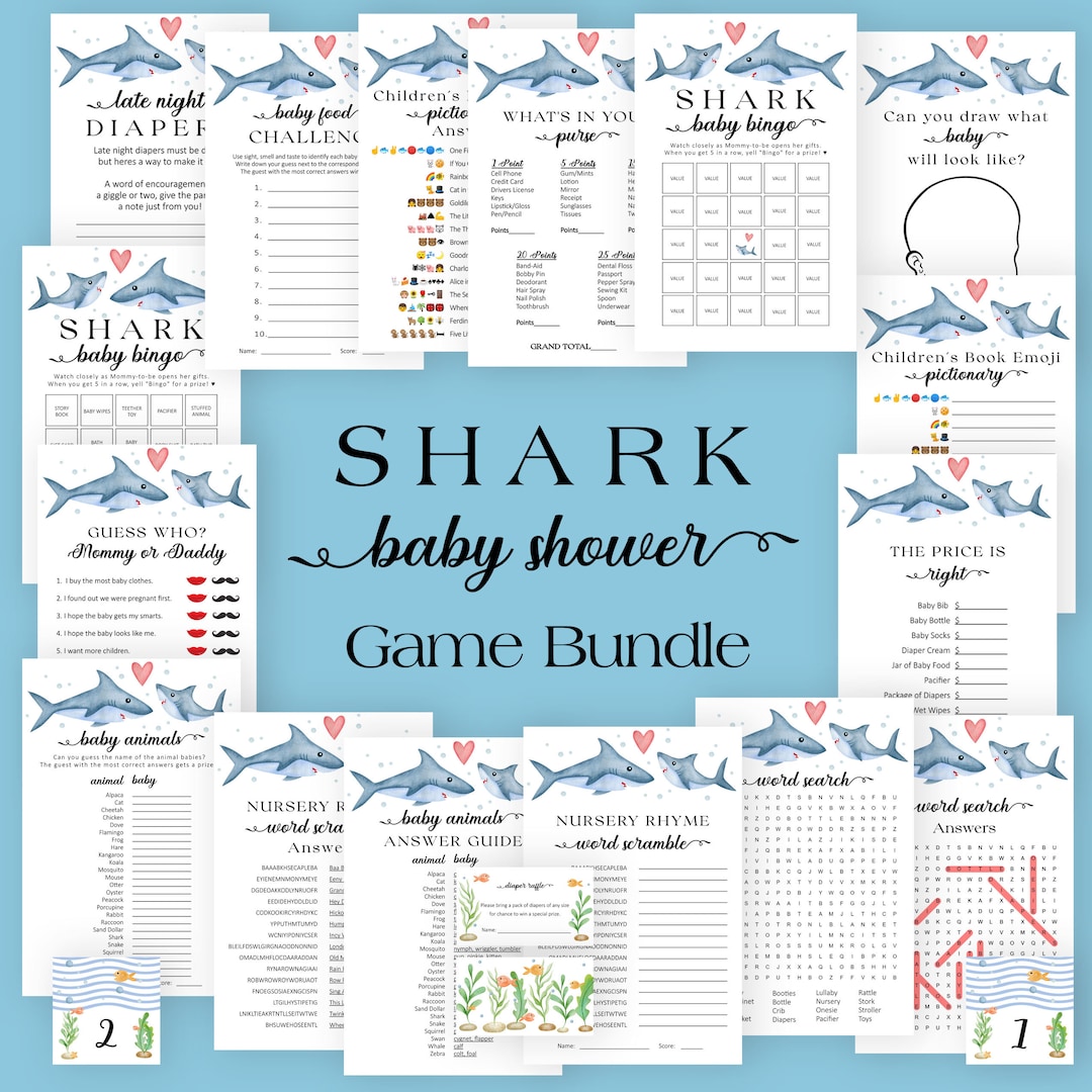 Shark Baby Shower Games Bundle, Baby Shower Activities, Baby Shower Game Pack Bundle, Printable Games, Baby Shark Shower Activity 1002