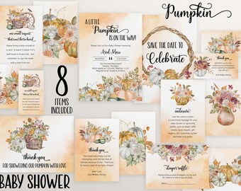 Pumpkin Baby Shower Invitation Bundle, Fall Baby Shower Invite, Digital Download, A Little Pumpkin is on the Way Autumn Invite Template 1008