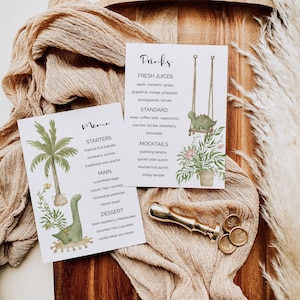 Modelo de menu de chá de bebê Boho Dino - Menu de bebidas e comidas com tema Boho e dinossauro, modelo editável 1011