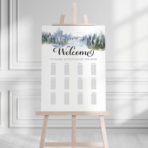Adventure Awaits Woodland Sitzplan Schild - Berg Thema Baby Shower, Gender Neutral Table Plan 1006