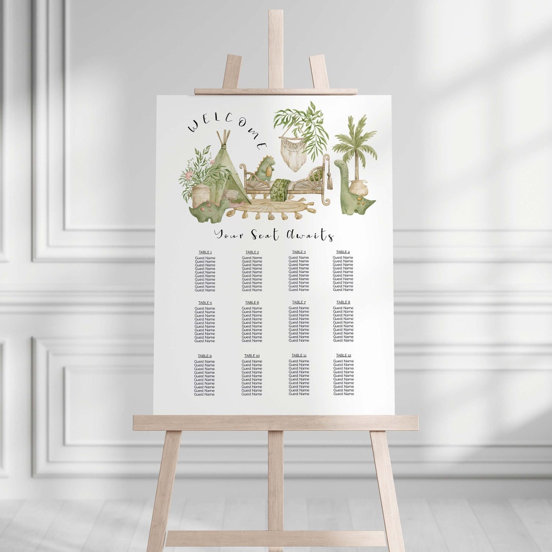Boho Dino Baby Shower Seating Chart Sign Bohemian Style Dinosaur