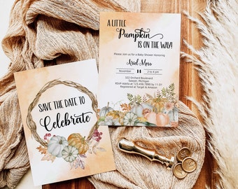 Pumpkin Baby Shower Invitation, Fall Baby Shower Invite, Digital Download, A Little Pumpkin is on the Way Autumn Invite Template 1008