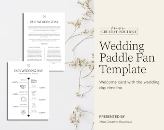 Modello di ventaglio a paletta per matrimonio modificabile, biglietto di benvenuto in formato A5, ventaglio di benvenuto per Canva (download digitale)