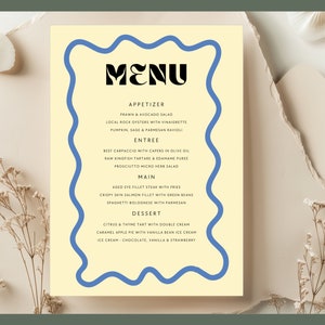 Amalfi Coast Bridal Shower Menu Digital Template - editable with Canva | Printable Menu | A5 Menu | Wavy Italian Theme | Blue and Yellow