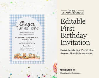 Invito modificabile per picnic con orsetti di peluche, modello per il primo compleanno a quadretti blu (Canva)