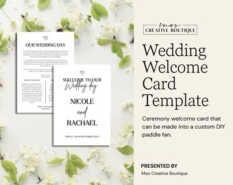 Modello di biglietto di benvenuto per matrimonio modificabile, design a ventaglio in formato A5 (download digitale)
