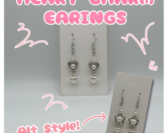 Heart Dangle Earrings: Handmade Silver Tone, Faux Pearl Beads