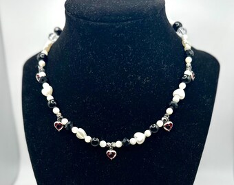 Romantic Alternative Necklace-Choker with Heart Charms and Mother of Pearl Beads