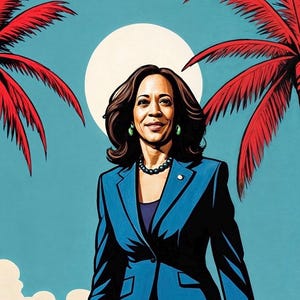 Kamala Harris 2024 Holzschnitt, Tarot, druckbarer Aufkleber oder Wandkunst, Palme Kokosnuss, Zukunft, Göre, kein Zurück, gewählte Präsidentin, feministische