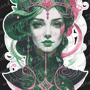 May include: A digital illustration of a woman with green and pink hair wearing a crown. She has green eyes and a green and pink floral design around her head. The background is black.
