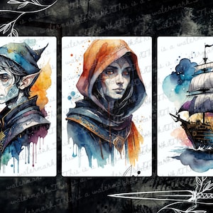 May include: Three watercolour illustrations: a blue-skinned elf with a pointed hat and a blue and gold robe, a woman with a red hood and a blue and gold robe, and a black ship sailing on a blue and purple watercolour background.