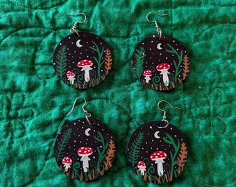hand painted mushroom dangle earrings