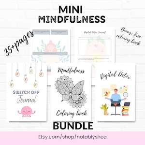 Könnte beinhalten: Ein digitales Download-Paket für Achtsamkeit und digitale Entgiftung. Das Paket beinhaltet ein Malbuch mit einem Mandala-Schmetterlingsdesign, ein digitales Entgiftungsjournal und ein Ausschalten-Journal mit einer Gehirnabbildung. Der Text "35+ Seiten" und "Bonus: Kostenloses Malbuch" ist ebenfalls sichtbar.