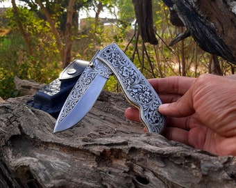 Engraved Fold knife - Prestigious Handmade Engraved Fold Pocket Knife - D2 Steel Engraved Blade Folding Knife Gifts - Pocket Folding Knife