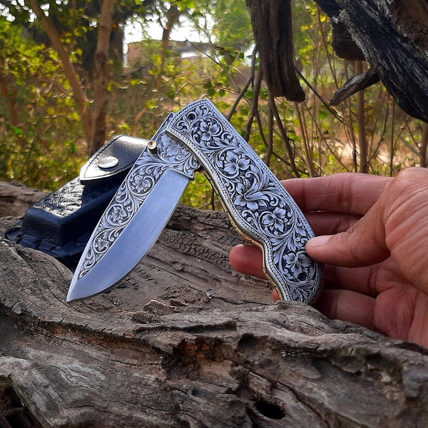 Engraved Fold knife - Prestigious Handmade Engraved Fold Pocket Knife - D2 Steel Engraved Blade Folding Knife Gifts - Pocket Folding Knife