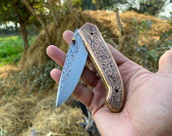 Handmade Engraved Folding knife - Prestigious Engraved Pocket Knife - D2 Steel Engraved Blade - Engraving Folding Knife Anniversary Gifts