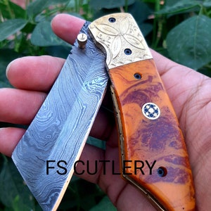 Prestigious Handmade Damascus Steel Pocket Folding Knife With Leather Sheath - Anniversary Gifts - Birthday Gifts