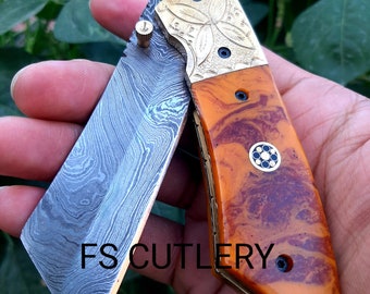 Pocket Knife, Folding Knife, Damascus Steel Pocket Folding Knife With Leather Sheath
