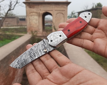 Pocket Knife, Folding Knife, Custom Handmade Damascus Steel Red Colored Handle Pocket Folding Knife With leather Sheath