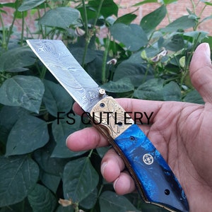 Prestigious Damascus Steel Pocket Folding Knife With Leather Sheath -Anniversary Gifts - Birthday Gifts