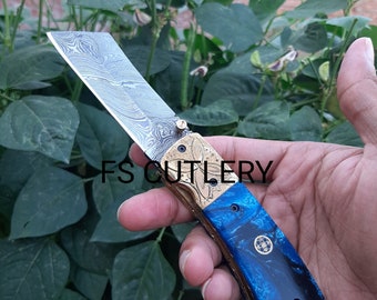 Pocket Knife, Folding Knife, Beautiful Damascus Steel Pocket Folding Knife With Leather Sheath