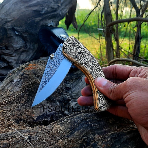 Engrave Pocket knife - Handmade Engrave Fold Knife - Survival Pocket Knife - Engrave Blade Folding Knife - Camping Pocket Folding Knife