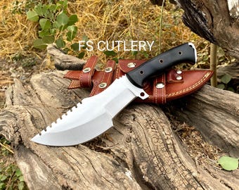 Handmade Stainless Steel Tracker Knife: Black Micarta Handle, Leather Sheath