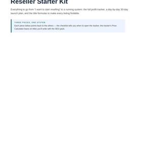 May include: A digital document titled Reseller Toolkit Bundle, Welcome to the Reseller Starter Kit. It outlines a 30-day launch plan, profit tracker, and SEO pack for resellers, featuring a section titled Three Pieces, One System.